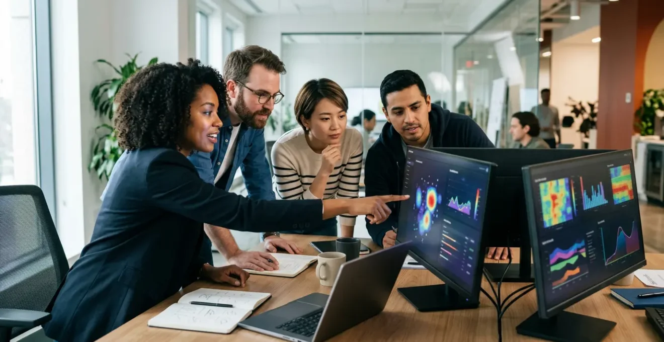 Marketing-Team analysiert A/B-Test-Ergebnisse auf mehreren Bildschirmen im modernen Büro