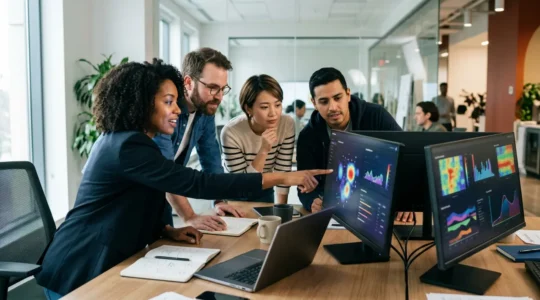 Marketing-Team analysiert A/B-Test-Ergebnisse auf mehreren Bildschirmen im modernen Büro