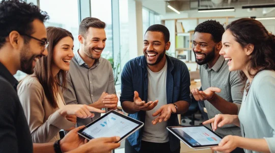 Gruppe von Menschen interagiert digital in einem modernen Büroraum