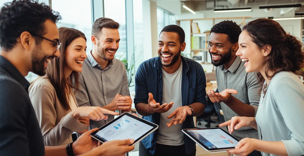 Gruppe von Menschen interagiert digital in einem modernen Büroraum