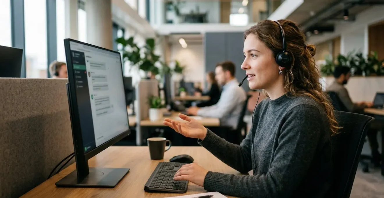 Chatbot-Dialog mit Kunde in modernem Büroumfeld