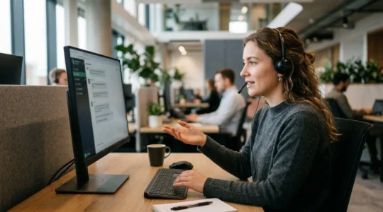 Chatbot-Dialog mit Kunde in modernem Büroumfeld