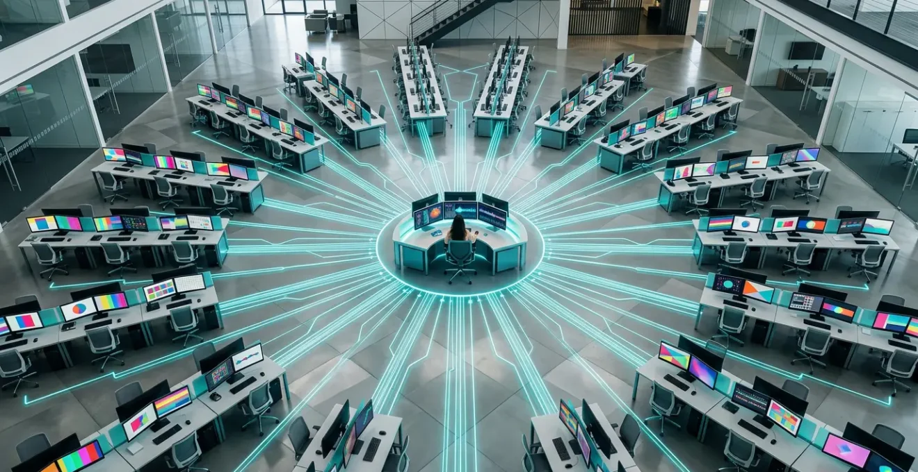 Modernes Büro mit einem Content-Manager, der gleichzeitig mehrere digitale Workflows auf Bildschirmen koordiniert