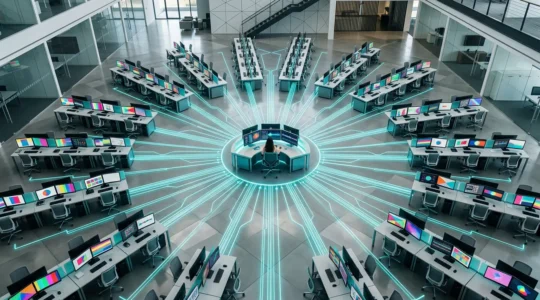 Modernes Büro mit einem Content-Manager, der gleichzeitig mehrere digitale Workflows auf Bildschirmen koordiniert