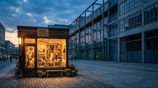 Strategische Darstellung eines kleinen spezialisierten Geschäfts, das sich erfolgreich neben einem großen Marktplatz positioniert