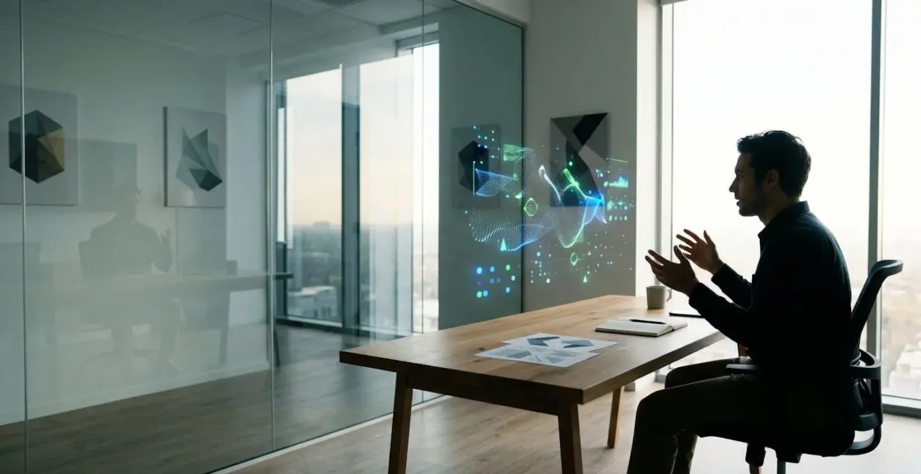 Marketing-Professional arbeitet mit KI-Tools in einem modernen Büro