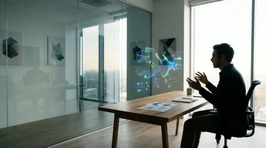 Marketing-Professional arbeitet mit KI-Tools in einem modernen Büro