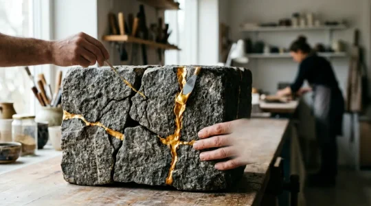 Rissiges Fundament wird mit goldenen Fugen repariert im Kintsugi-Stil