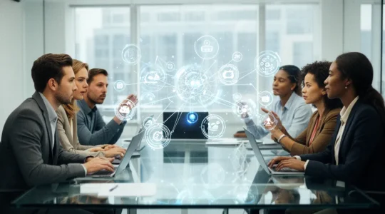 Marketingteam arbeitet an einem vernetzten digitalen Ökosystem mit integrierten Softwarelösungen