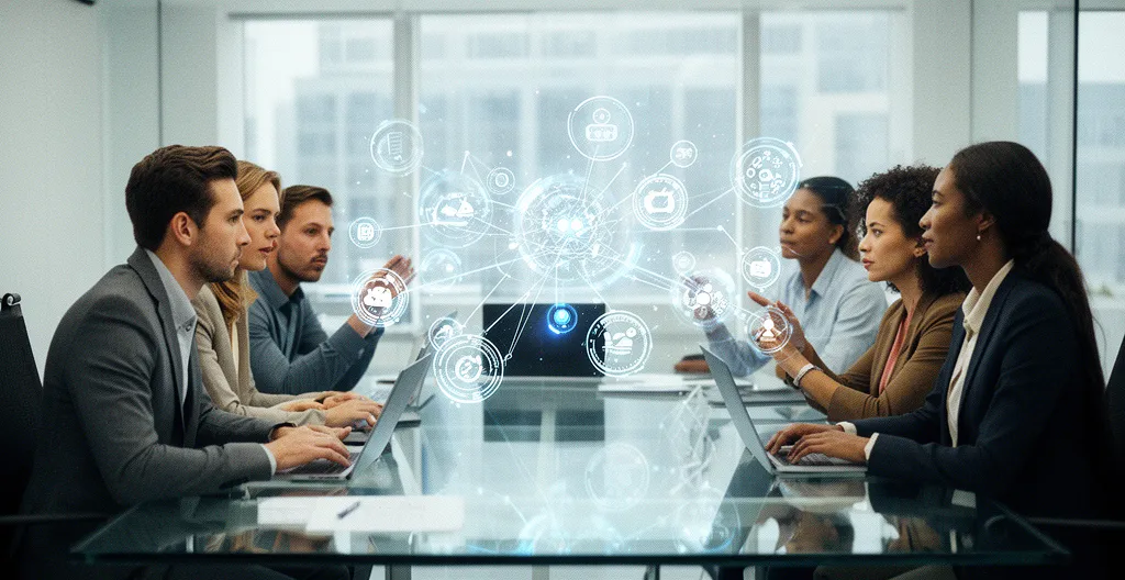 Marketingteam arbeitet an einem vernetzten digitalen Ökosystem mit integrierten Softwarelösungen