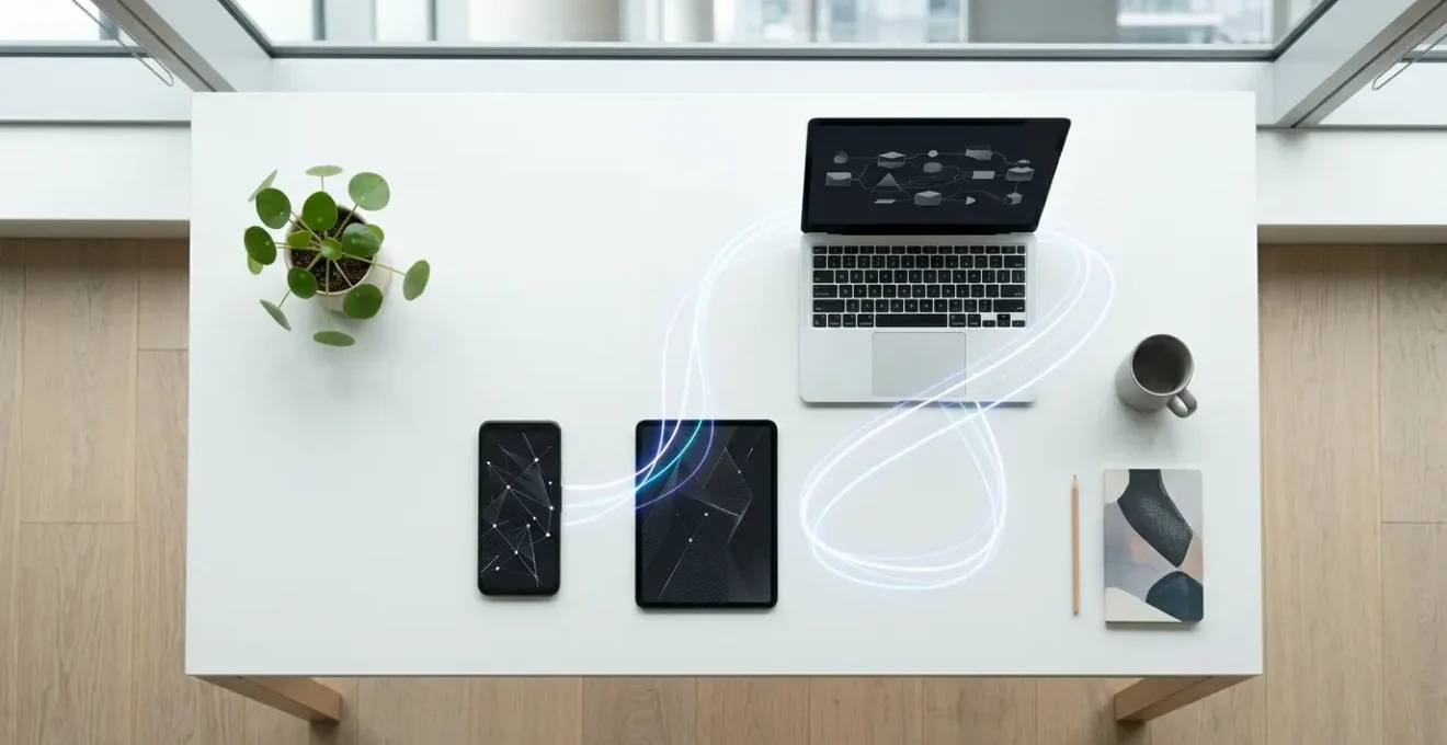 Moderne Büroumgebung mit verschiedenen mobilen Geräten zeigt responsive Webdesign