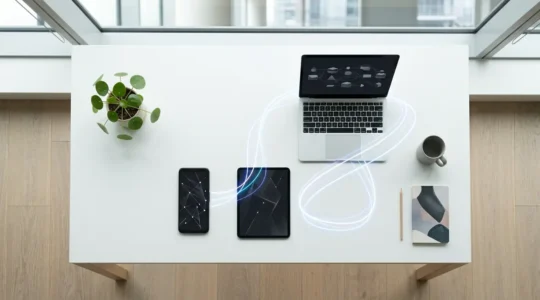 Moderne Büroumgebung mit verschiedenen mobilen Geräten zeigt responsive Webdesign