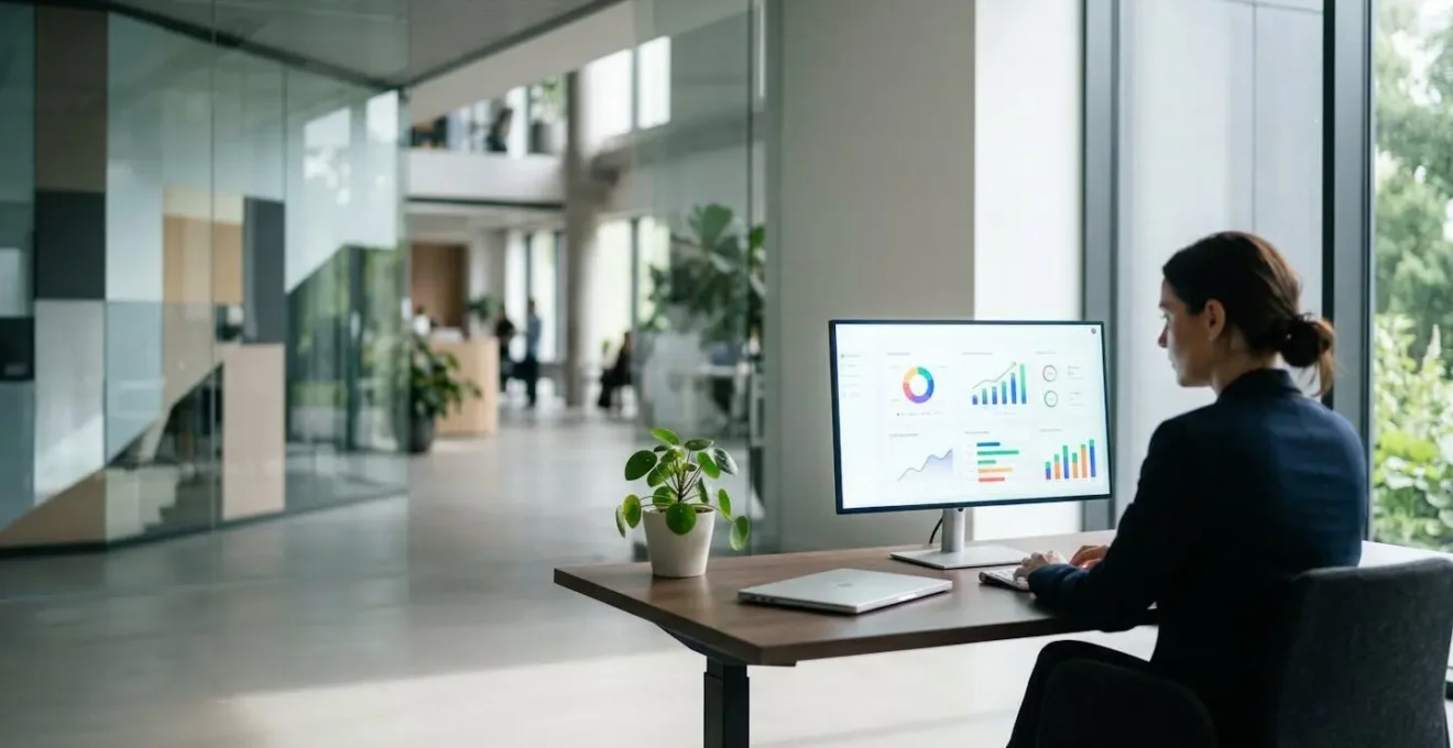 Professioneller Geschäftsmann analysiert E-Mail-Dashboard auf modernem Monitor in hellem Büro