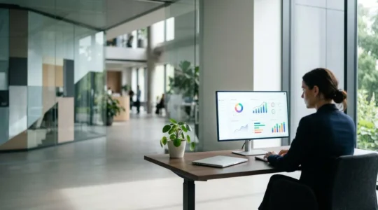 Professioneller Geschäftsmann analysiert E-Mail-Dashboard auf modernem Monitor in hellem Büro