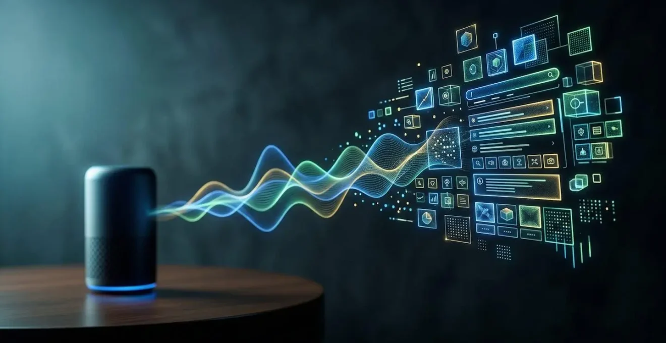 Digitale Sprachassistenten-Visualisierung mit Schallwellen und Suchsymbolen