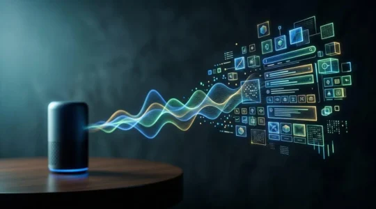 Digitale Sprachassistenten-Visualisierung mit Schallwellen und Suchsymbolen