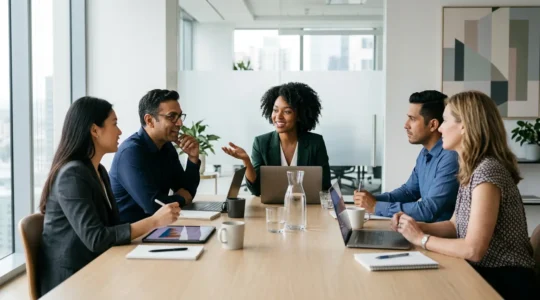 Vertriebsteam arbeitet motiviert mit modernem CRM-System in einem hellen Büroraum