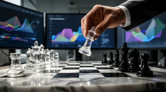 Strategische Wettbewerbsanalyse mit Schachfiguren visualisiert, modernes Büroumfeld