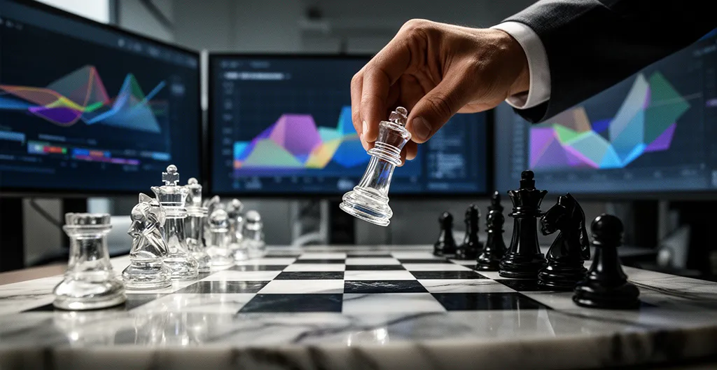 Strategische Wettbewerbsanalyse mit Schachfiguren visualisiert, modernes Büroumfeld