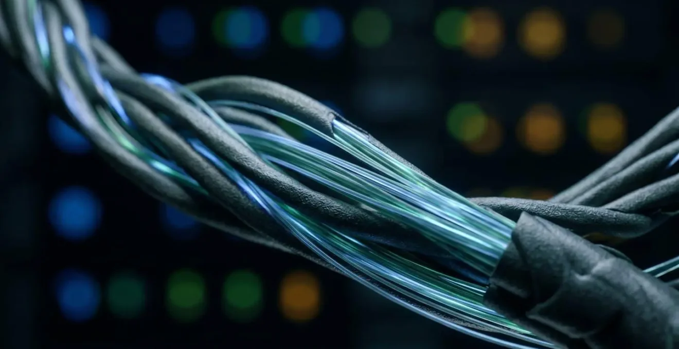 Nahaufnahme von Händen die verschiedene Kabelverbindungen in einem Server-Rack organisieren