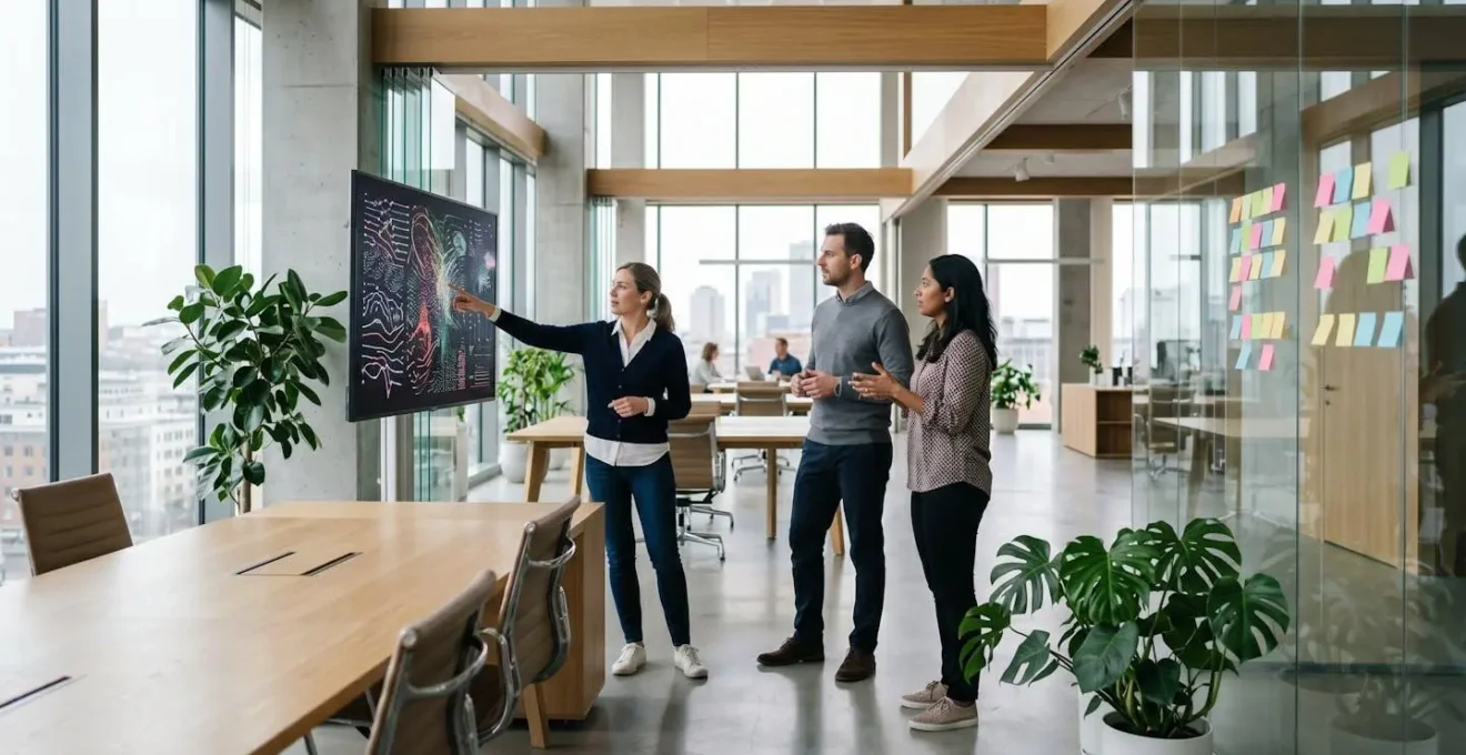 Team arbeitet gemeinsam an einer digitalen Insight-Wand und diskutiert Datenvisualisierungen.