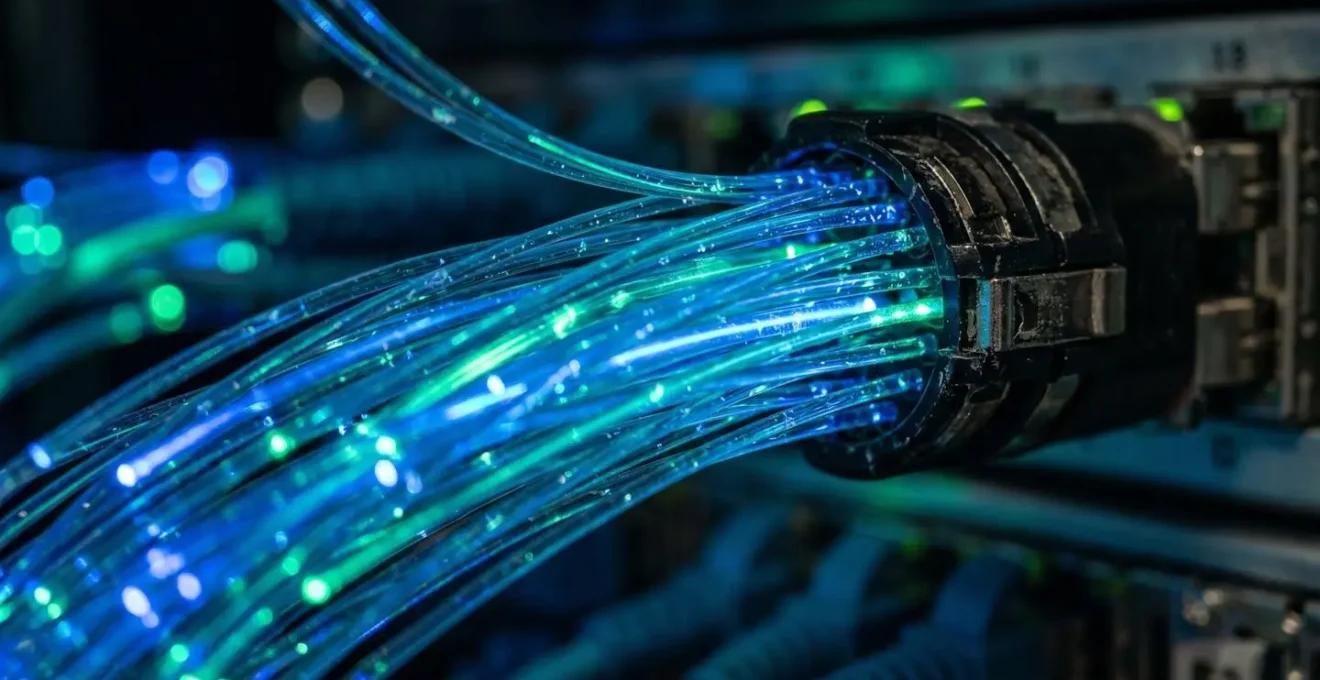 Makroaufnahme von Glasfaser-Netzwerkkabeln mit bokeh Lichteffekten