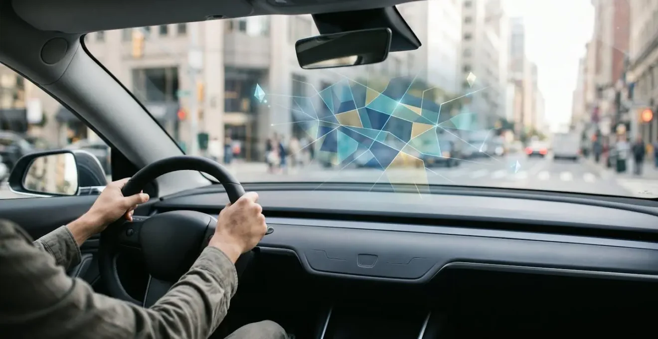 Autofahrer nutzt Sprachsteuerung für eine lokale Suche, visualisiert durch abstrakte Kartenelemente über dem Armaturenbrett.