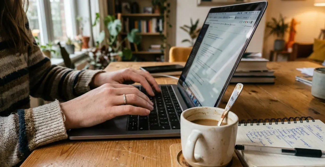 Hände tippen auf einer Laptop-Tastatur, daneben steht eine Kaffeetasse und ein Notizblock auf einem Holzschreibtisch