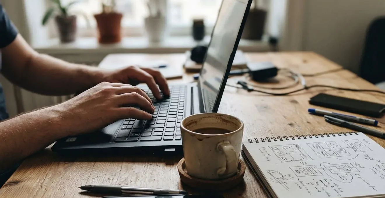 Hände auf einer Tastatur, daneben eine Kaffeetasse und ein Notizblock mit handschriftlichen Skizzen