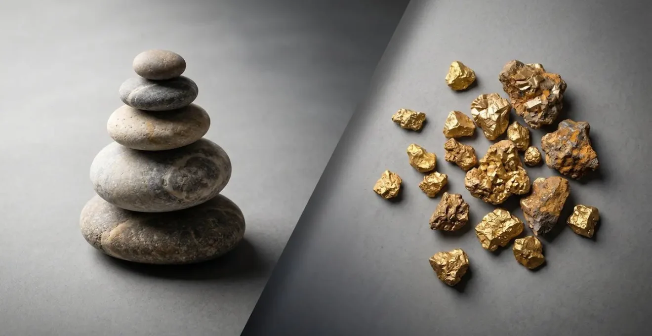 Visualisierung einer Impact-Effort-Matrix zur Priorisierung von Support-Anfragen, dargestellt durch balancierte Steine und Goldnuggets.