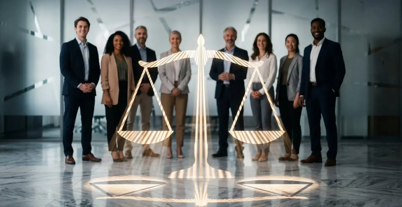 Eine Gruppe diverser Bewerber und ein HR-Manager in einem transparenten Bewertungsprozess, symbolisiert durch eine leuchtende Waage.