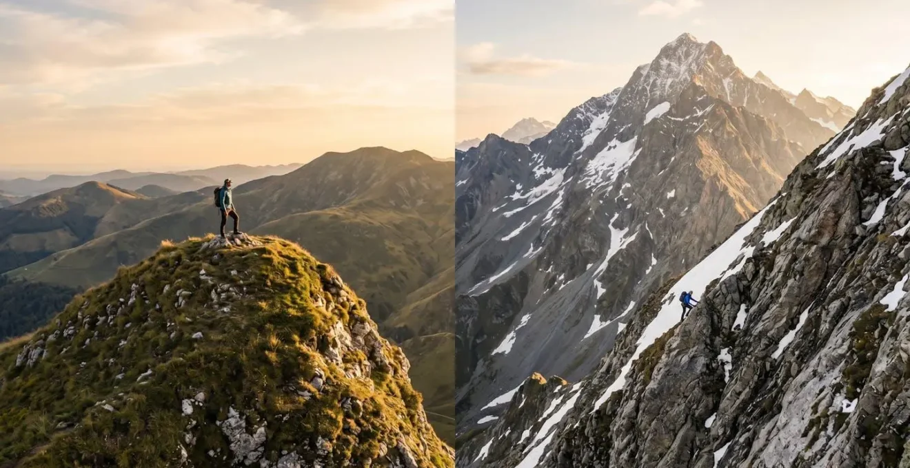 Visuelle Metapher zeigt zwei Bergsteiger - einer erklimmt einen kleinen Hügel, der andere einen hohen Berg