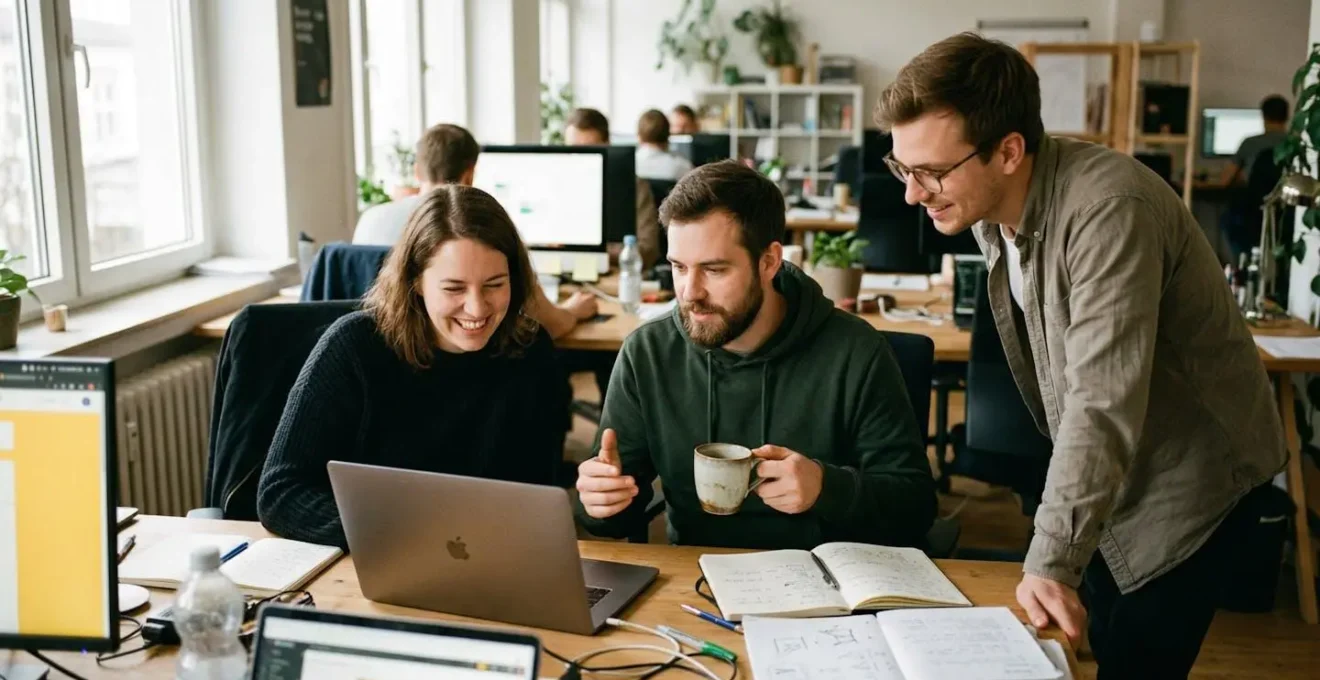 Zwei Kolleginnen und ein Kollege schauen gemeinsam auf einen Laptop in einem hellen Büroraum, eine Person hält eine Kaffeetasse