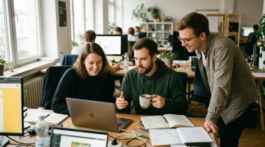 Zwei Kolleginnen und ein Kollege schauen gemeinsam auf einen Laptop in einem hellen Büroraum, eine Person hält eine Kaffeetasse