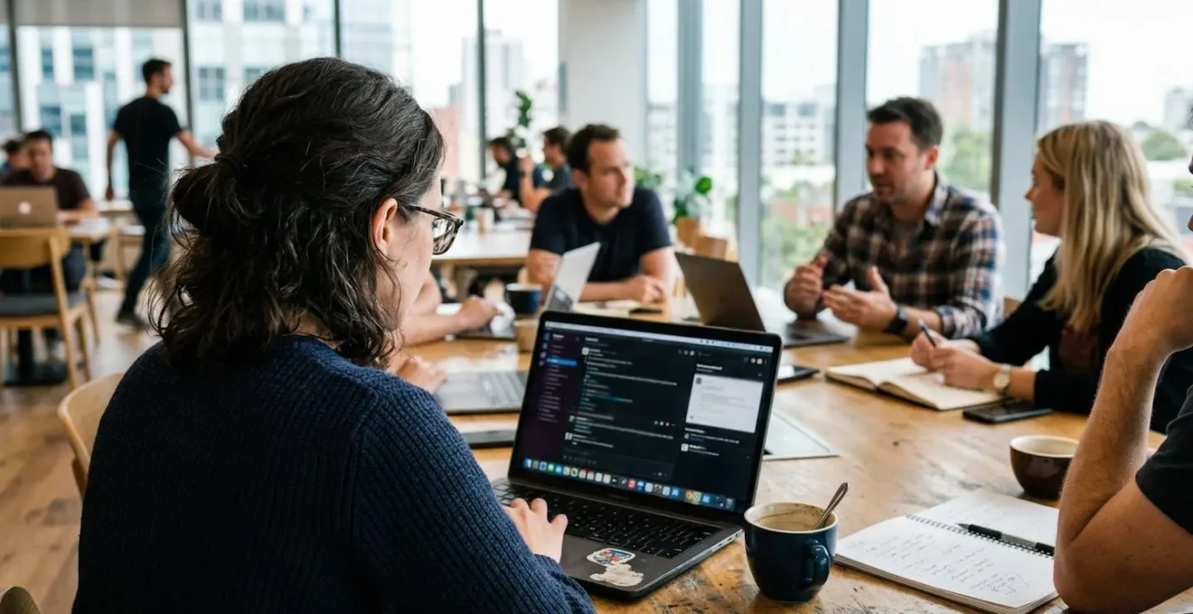Eine Person blickt konzentriert auf einen Laptop während eines Team-Meetings, im Hintergrund sind Kollegen unscharf zu erkennen