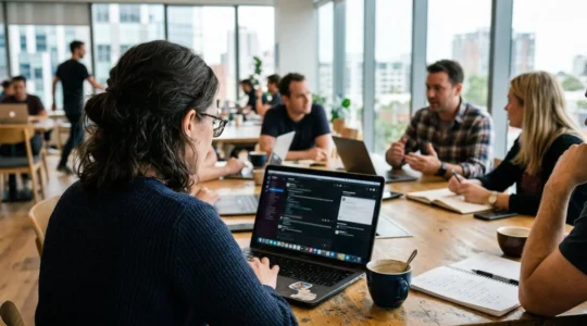 Eine Person blickt konzentriert auf einen Laptop während eines Team-Meetings, im Hintergrund sind Kollegen unscharf zu erkennen