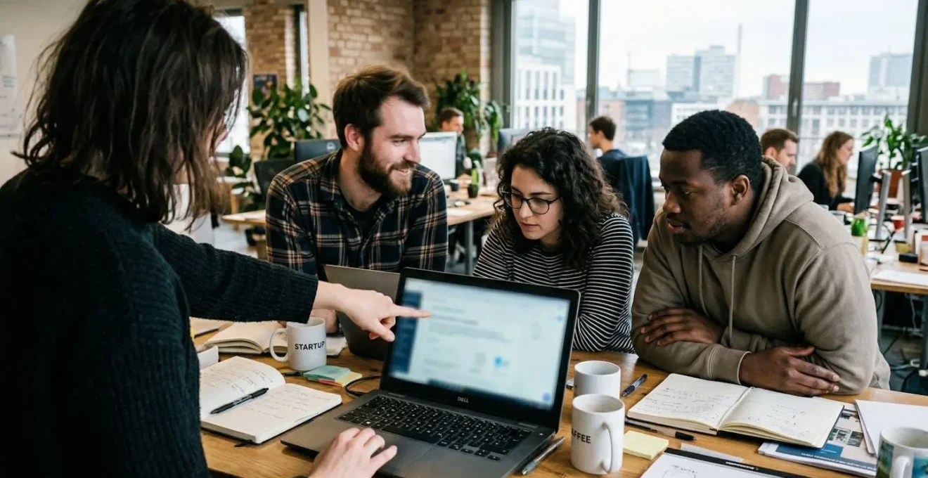 Ein Marketing-Team sitzt in einem hellen Büro zusammen, eine Person zeigt auf einen Laptop-Bildschirm während andere interessiert zuschauen