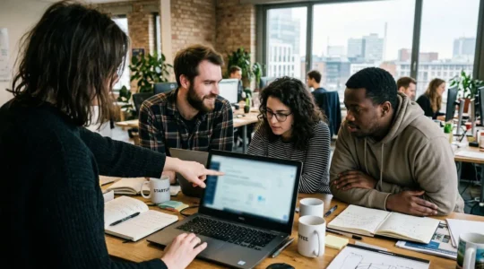 Ein Marketing-Team sitzt in einem hellen Büro zusammen, eine Person zeigt auf einen Laptop-Bildschirm während andere interessiert zuschauen