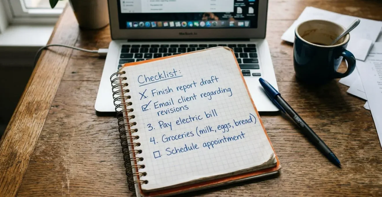 Ein Notizblock mit einer handgeschriebenen Checkliste liegt neben einem Kugelschreiber auf einem Schreibtisch, im Hintergrund ist ein Laptop unscharf zu erkennen