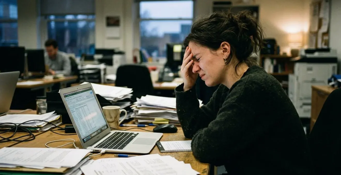 Eine Frau sitzt am Schreibtisch und reibt sich mit geschlossenen Augen die Stirn, vor ihr steht ein aufgeklappter Laptop