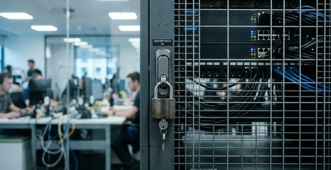 Ein Schloss-Symbol ist auf einem Server-Schrank in einer modernen Büroumgebung zu sehen, mit technischen Geräten im Hintergrund