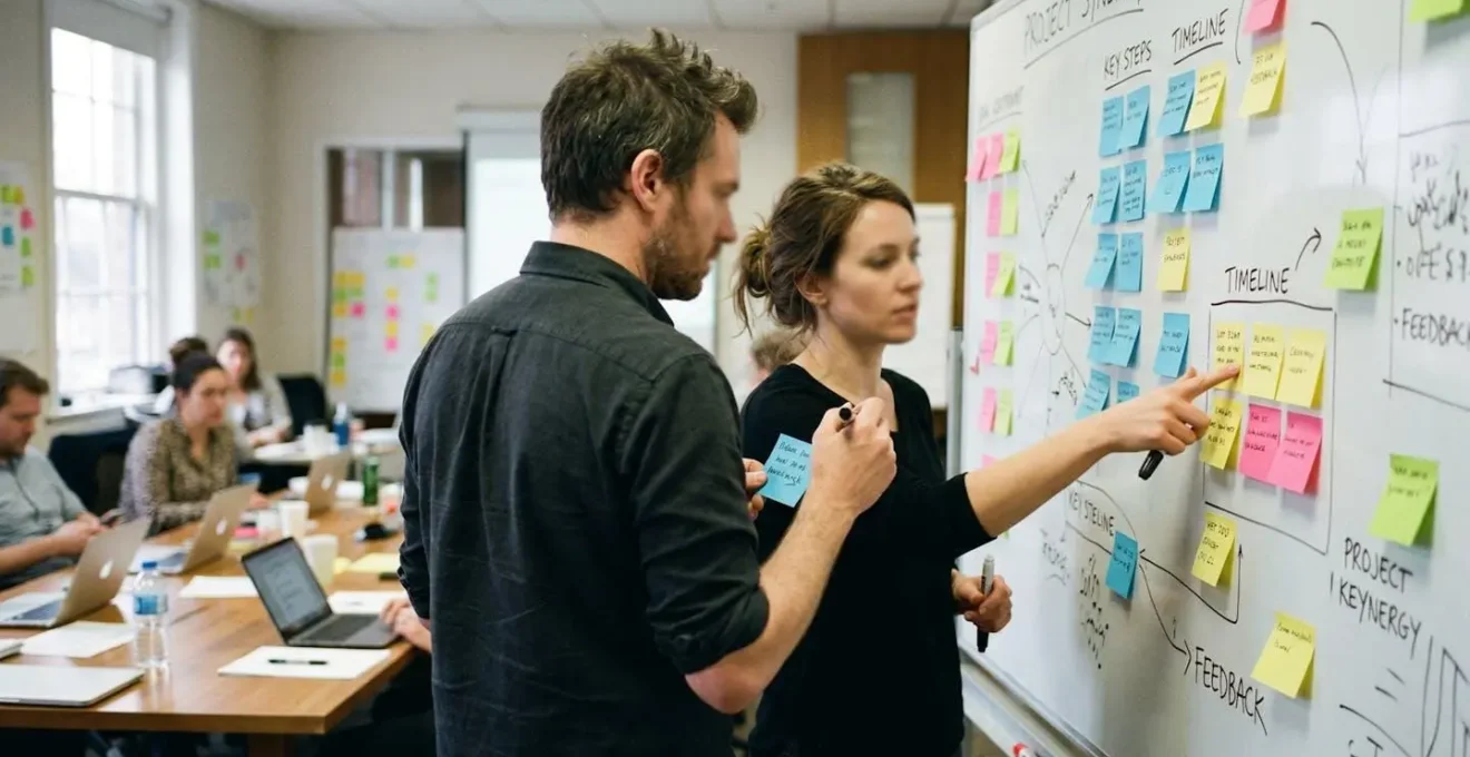 Zwei Personen stehen vor einem Whiteboard mit bunten Post-its und diskutieren, die Szene wirkt authentisch und ungezwungen