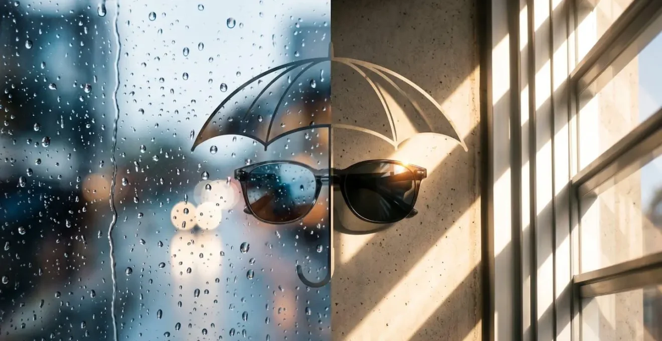 Wettersymbole und Produktempfehlungen in einer abstrakten Darstellung