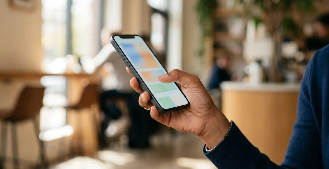 Hand hält Smartphone mit Fokus auf natürliche Daumenposition für mobile Suche